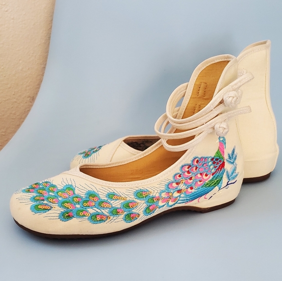 EUC Asian Style Mary Jane HiTop Ankle Flats Shoes Peacock Sz 9 - Picture 3 of 14